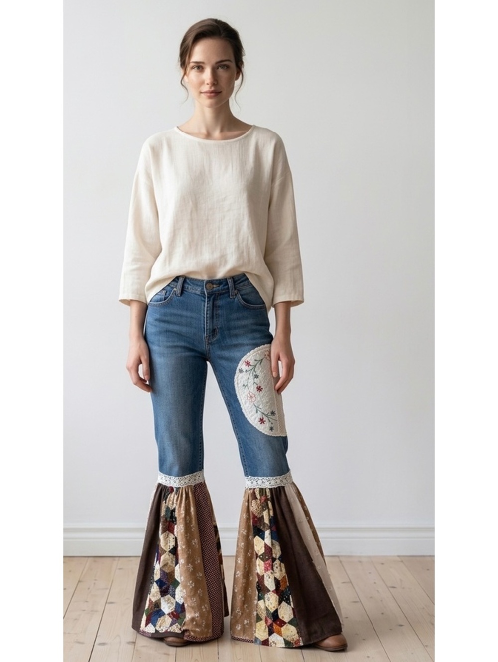 women’s flares floral bellbottom patchwork jeans - Picture 2 of 7